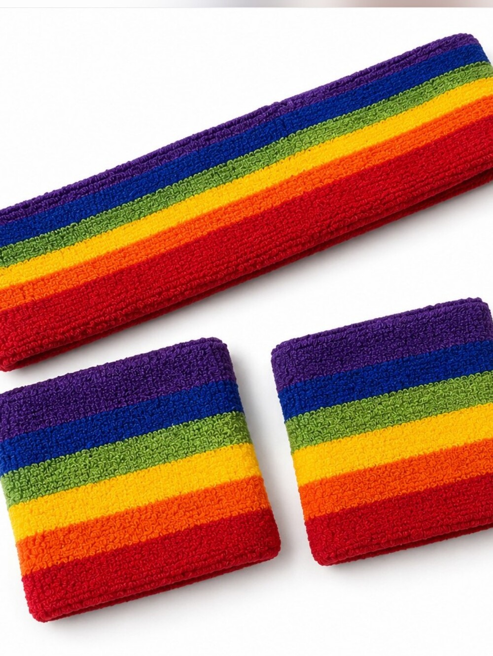 Rainbow Terry Cloth Sweatband Set Headband & 2 Wristbands Retro Pride Fitness